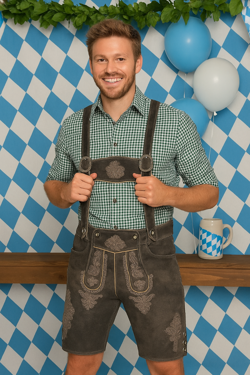 Skórzane męskie krótkie lederhosen z haftem. Tradycyjne spodnie bawarskie, idealne na Oktoberfest.