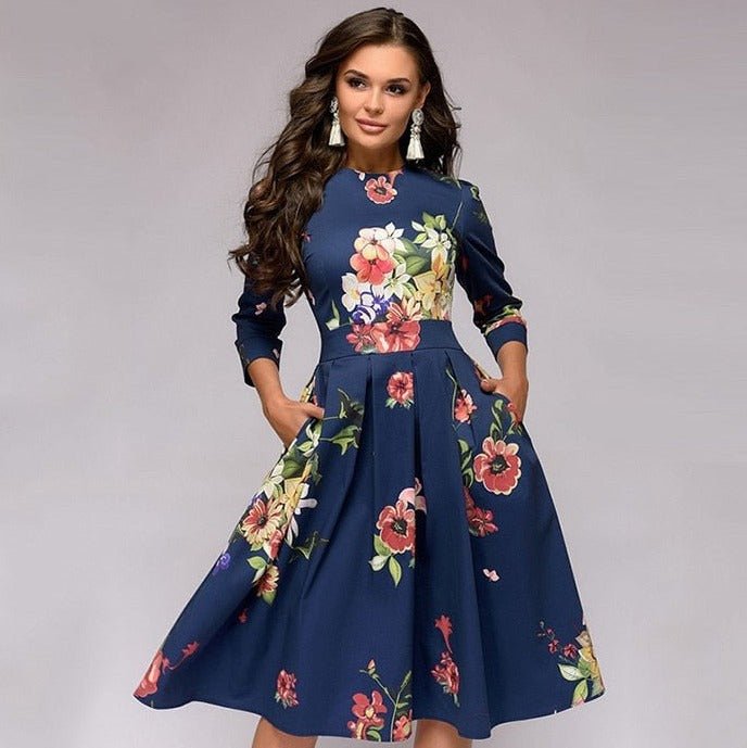Letnia sukienka damska retro Florina midi z kwiatowym wzorem, modna i elegancka na każdą okazję.