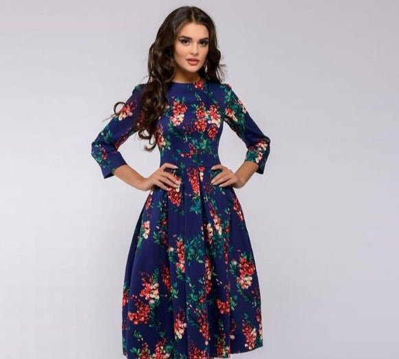 Modna sukienka damska midi retro Florina, elegancka, z pięknym kwiatowym wzorem na okazje.