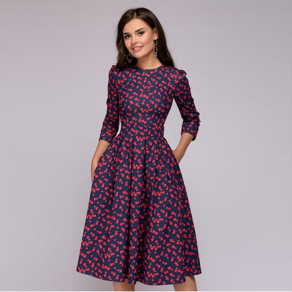 Elegancka sukienka damska Florina retro midi z kwiatowym wzorem, idealna na co dzień i na okazje.