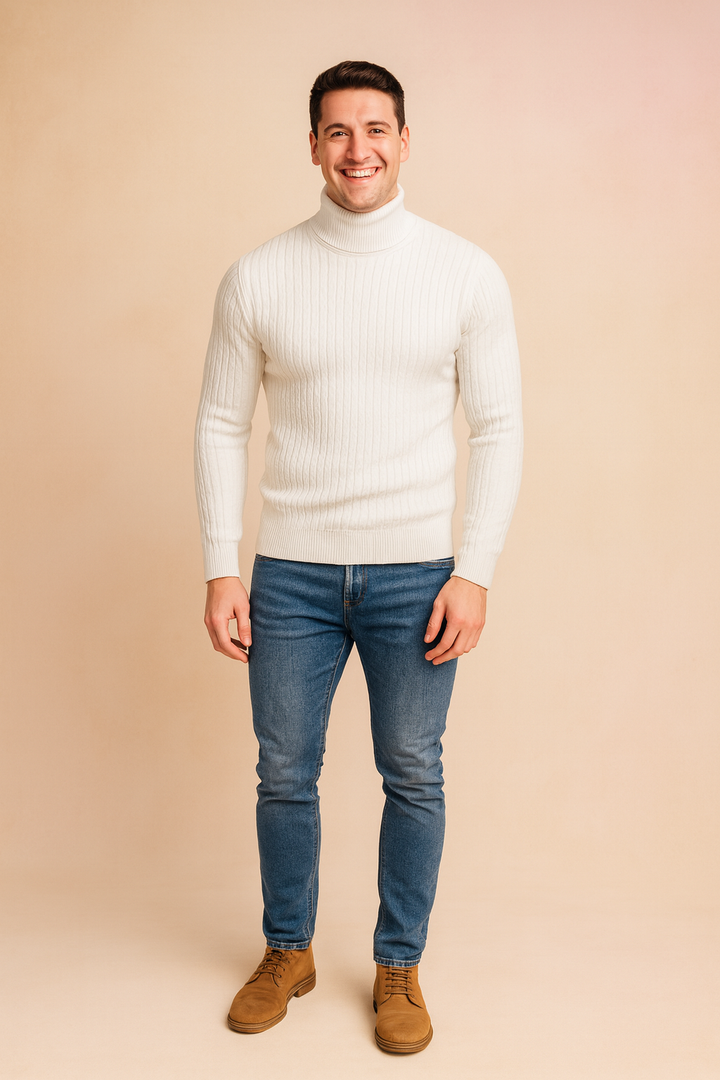 Stylowy męski golf z prążkowanym kołnierzem, ciepły i elegancki, na zimę i jesień.