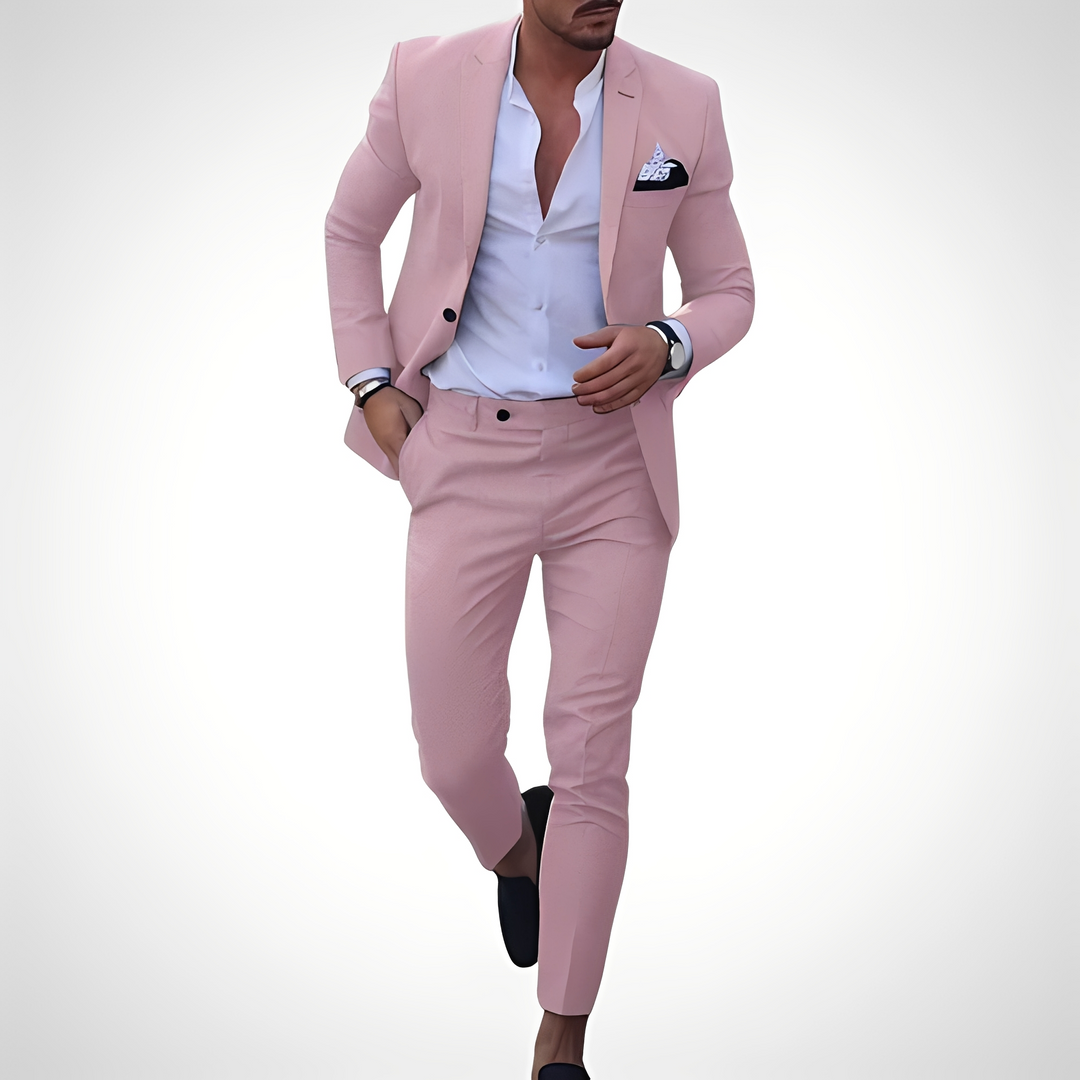 Męski zestaw garniturowy na wesele. Elegancka marynarka i spodnie slim fit, idealny wybór dla pana młodego.