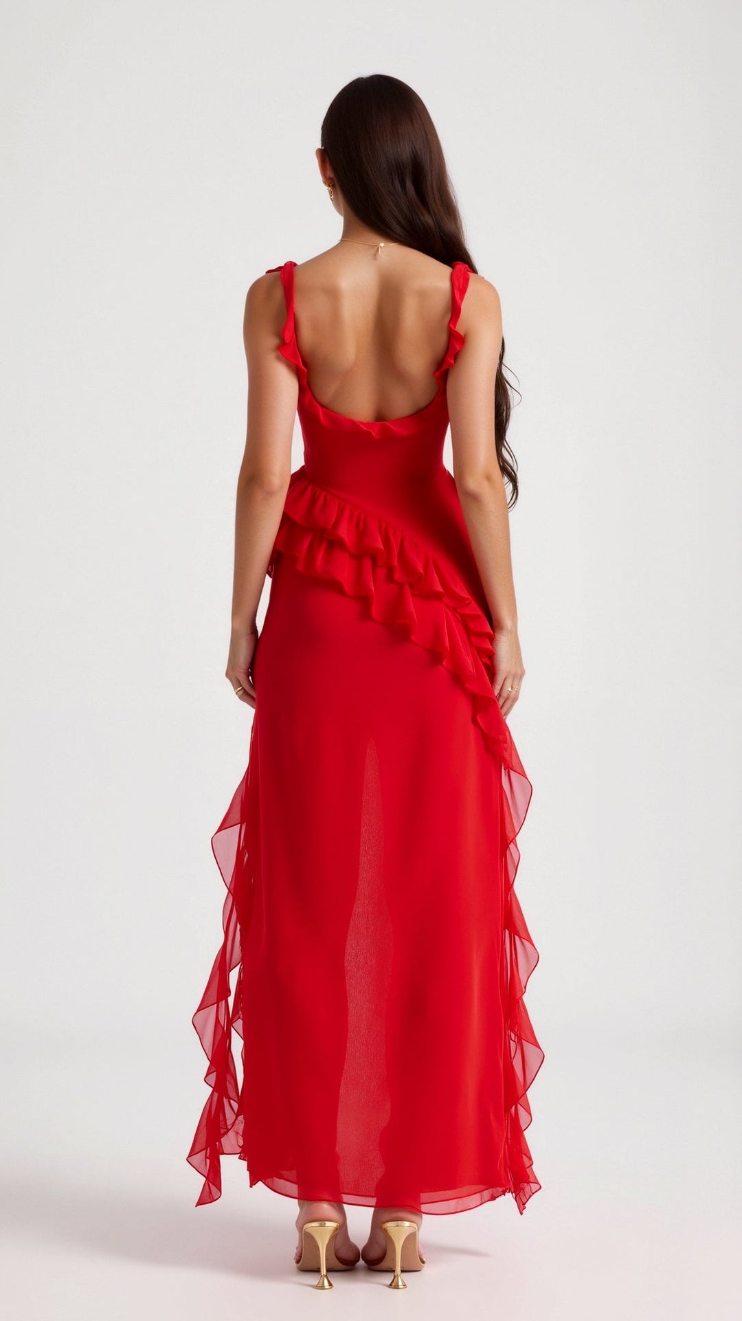 Sukienka damska maxi, elegancka, z falbankami i rozcięciem, pięknie modelująca sylwetkę.
