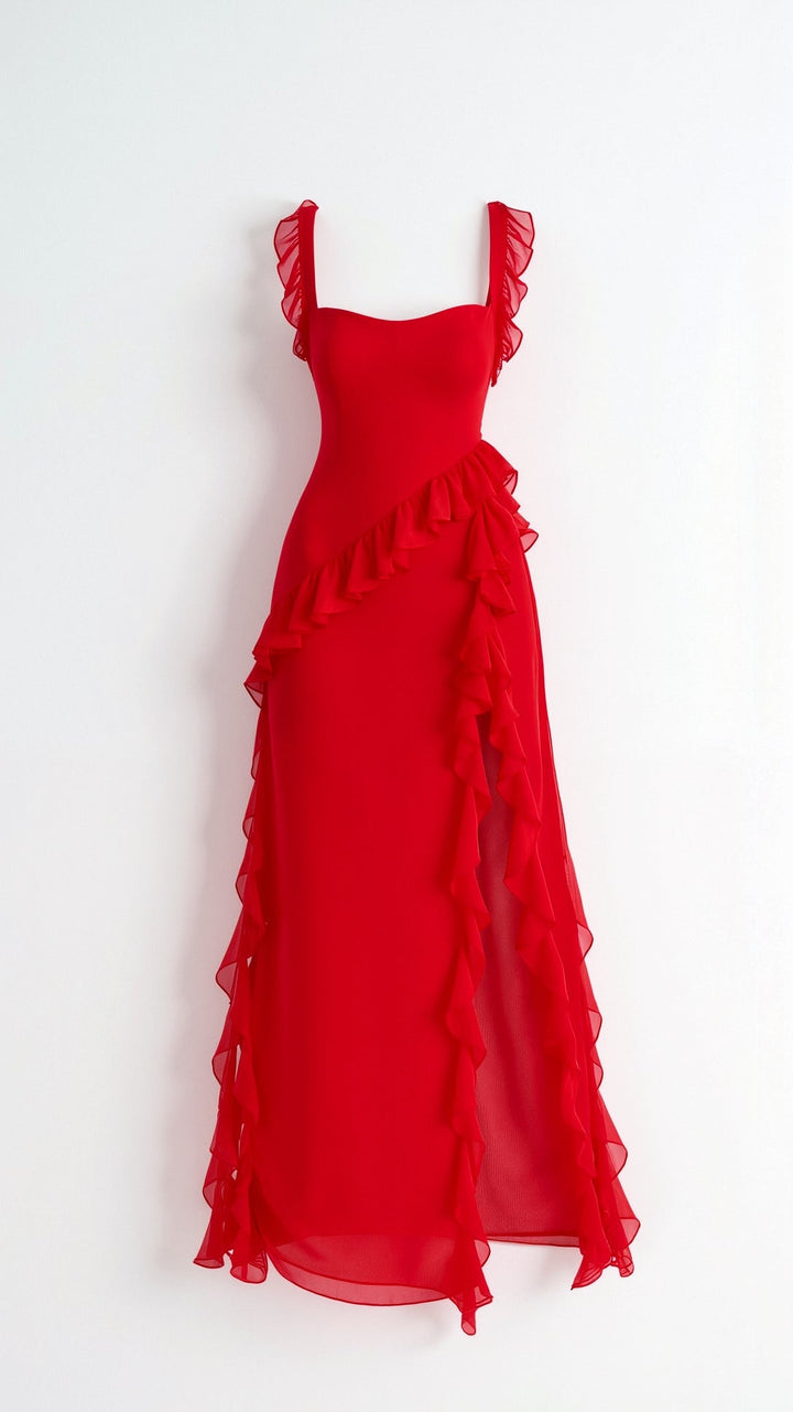 Sukienka balowa maxi z falbankami i rozcięciem, elegancka moda damska na wyjątkowe wydarzenia.