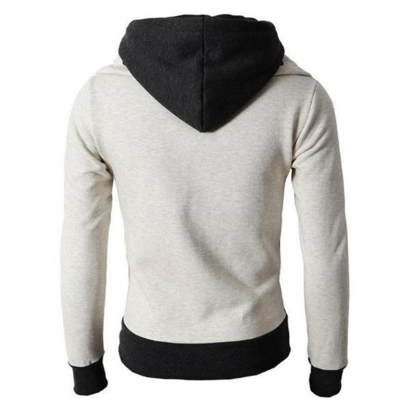 Modna męska bluza z kapturem i wysokim kołnierzem, rozpinana. Odzież męska w stylu casual.