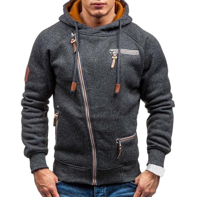 Męska bluza rozpinana z kapturem, asymetryczny zamek, styl streetwear.