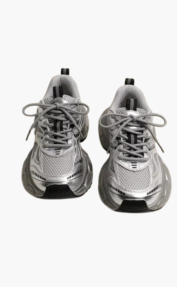 Wygodne damskie sneakersy chunky mesh w kolorze srebrnym, idealne do codziennych stylizacji streetwear.