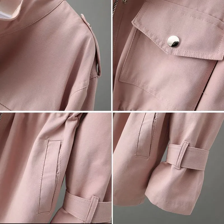 Damski płaszcz trench, doskonały na sezon przejściowy, łączący elegancję z casualowym stylem.