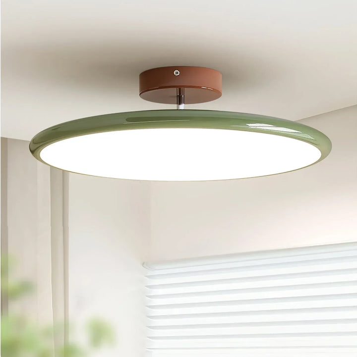 Stylowa lampa sufitowa LED, obrotowa, dostępna w beżu i zieleni.
