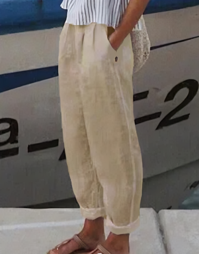 Wygodne damskie spodnie lniane Livia, elegancki styl, modne na lato, zapewniające swobodę.