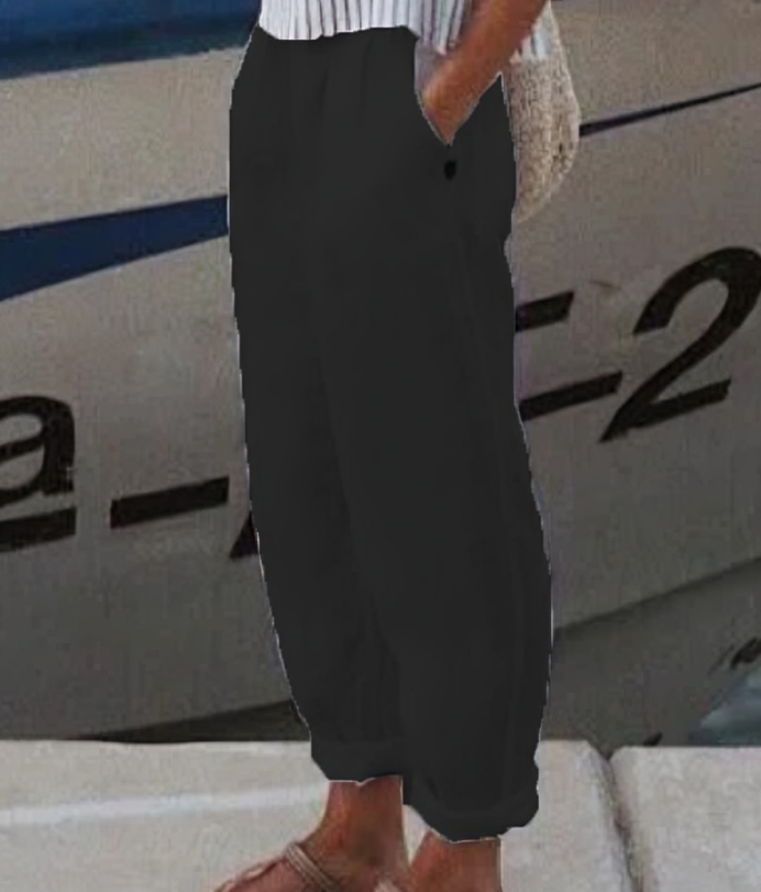 Eleganckie damskie spodnie lniane Livia, modne i wygodne, doskonałe do casualowych stylizacji.