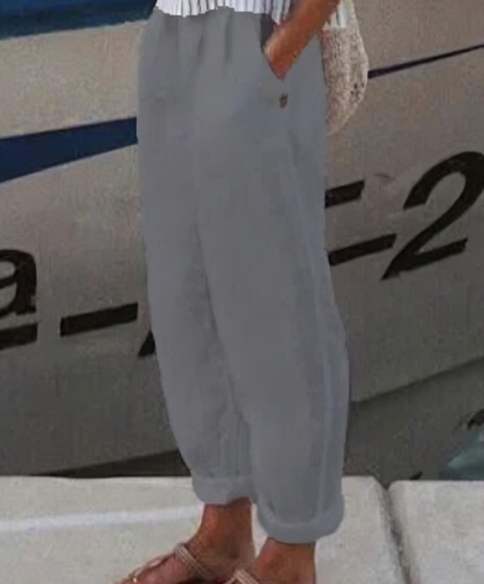 Damskie lniane spodnie Livia, casualowe i eleganckie, idealne do wielu stylizacji.