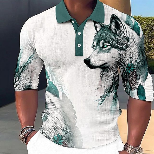 Męska koszulka polo z wilczym motywem, idealna do casualowych stylizacji i letnich dni.