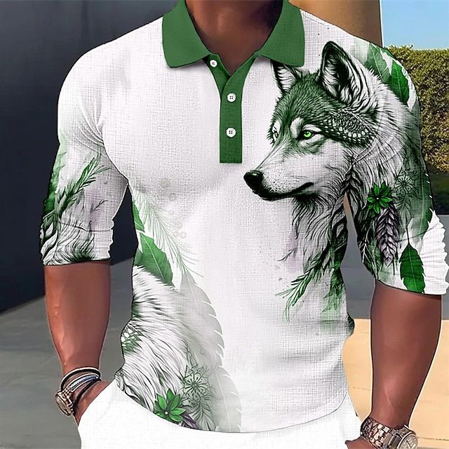 Wygodna letnia koszulka polo dla mężczyzn z grafiką wilka. Świetny wybór do streetwearu i na co dzień.