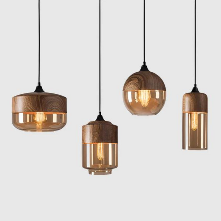Drewniana lampa wisząca NordLuna, minimalistyczny design, oświetlenie sufitowe do jadalni.