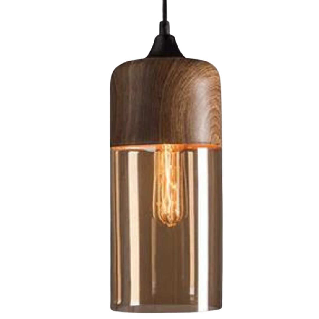 Skandynawska lampa NordLuna, połączenie naturalnego drewna i eleganckiego szkła, design.