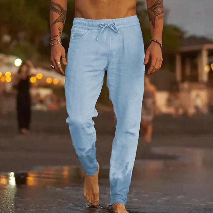 Uniwersalne męskie spodnie lniane Theo, idealne do casualowych i eleganckich stylizacji na lato.