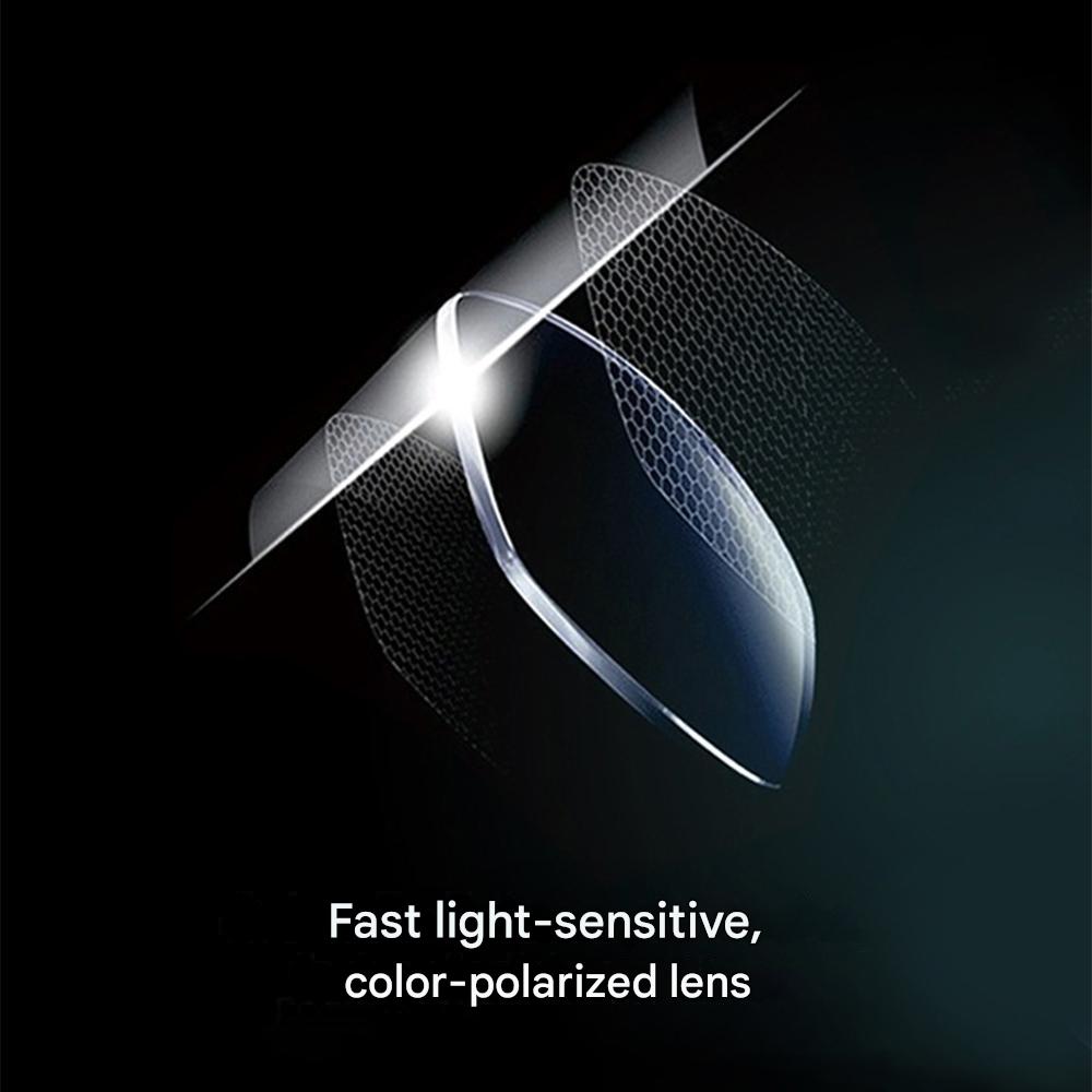 Soczewki fotochromowe polaryzacyjne. Automatycznie dostosowują się do światła, oferując ochronę UV400 dla oczu.
