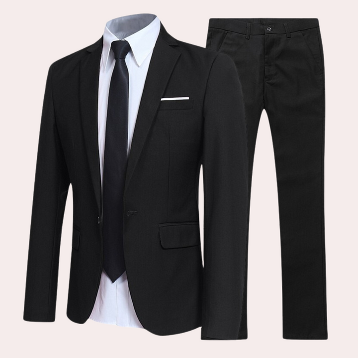 Elegancki męski garnitur slim fit, idealny na formalne okazje i biznesowe spotkania. Stylowy i komfortowy.