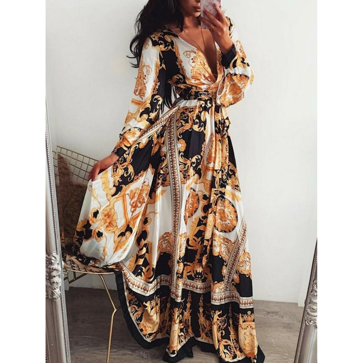 Elegancka damska sukienka kopertowa maxi z długim rękawem, styl boho, modna na wiosnę.