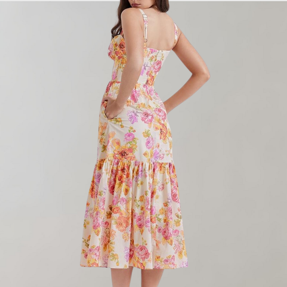 Modna damska sukienka midi w kwiaty, styl casual i elegancki, idealna na lato. Model Mireille.