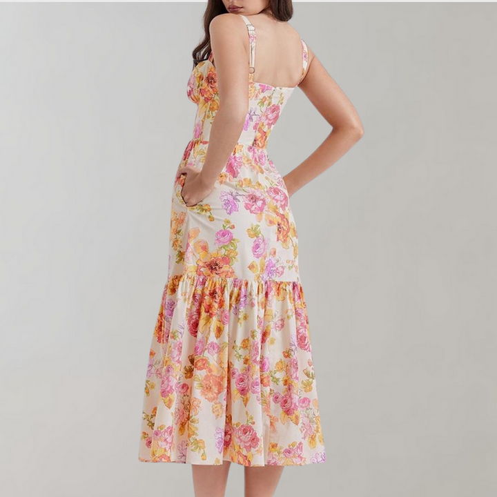 Modna damska sukienka midi w kwiaty, styl casual i elegancki, idealna na lato. Model Mireille.