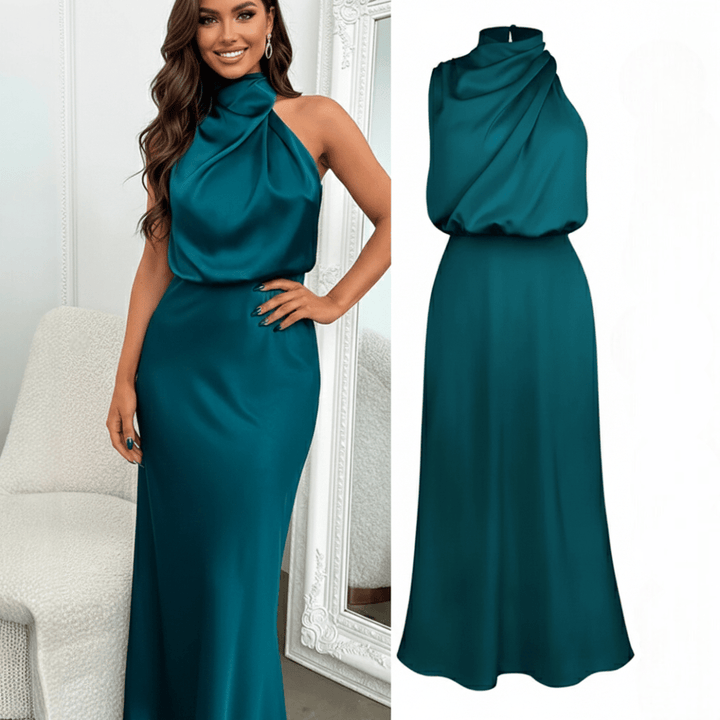 Kobieta w modnej sukience midi z asymetrycznym dekoltem. Elegancka sukienka na imprezę, wesele, lato.