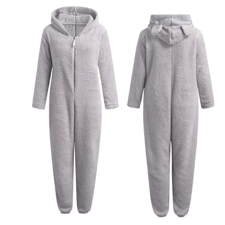 Całkowity komfort: damski miękki kombinezon polarowy z misiem, kigurumi z kapturem i uszami.