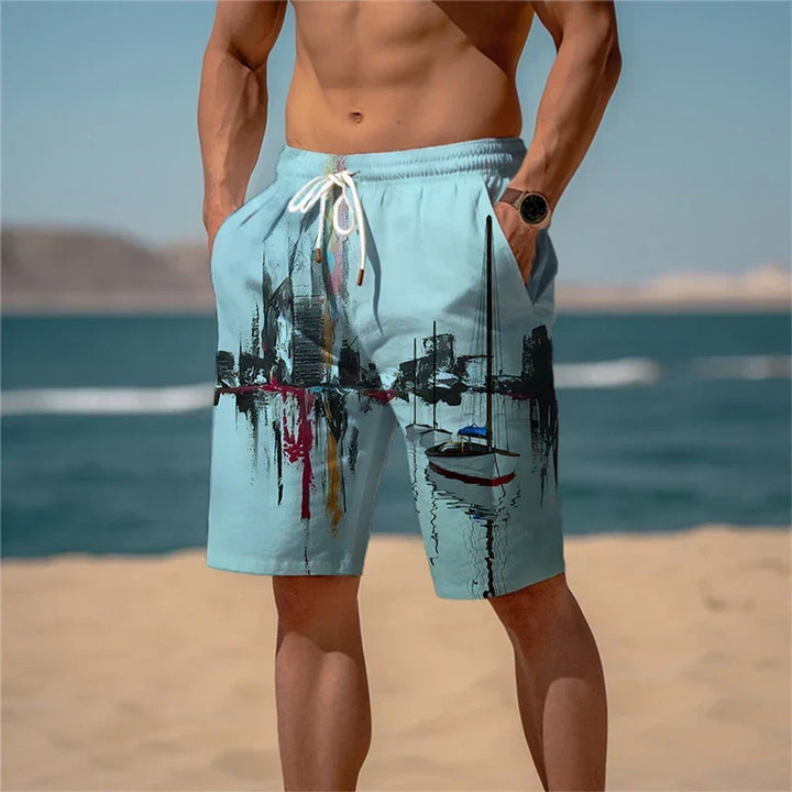 Męskie szorty letnie z nadrukiem 3D, oddychające i stylowe. Idealne na plażę i lato.