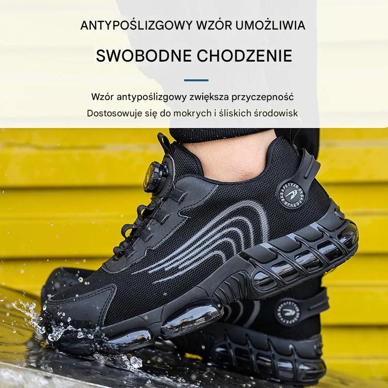 Wytrzymałe męskie buty ochronne do pracy, zapewniające niezawodne bezpieczeństwo na budowie i w magazynie.