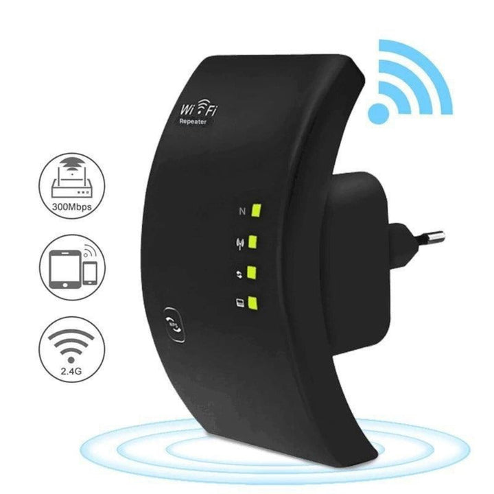 Czarny wzmacniacz sygnału WiFi dual band, rozszerzający zasięg sieci w domu lub biurze. Idealny repeater do szybkiego internetu.