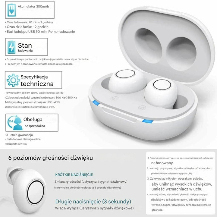 Nowoczesny wzmacniacz słuchu zauszny z Bluetooth, akumulatorem i aplikacją do zarządzania, dla lepszej jakości dźwięku.