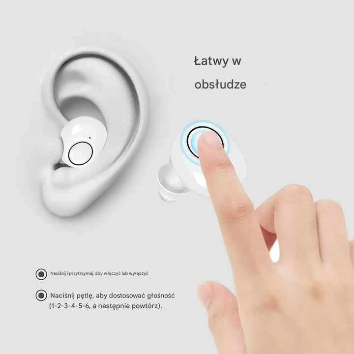 Dyskretny wzmacniacz słuchu Bluetooth, sterowany aplikacją na telefon, z akumulatorem, do poprawy czystości dźwięku.