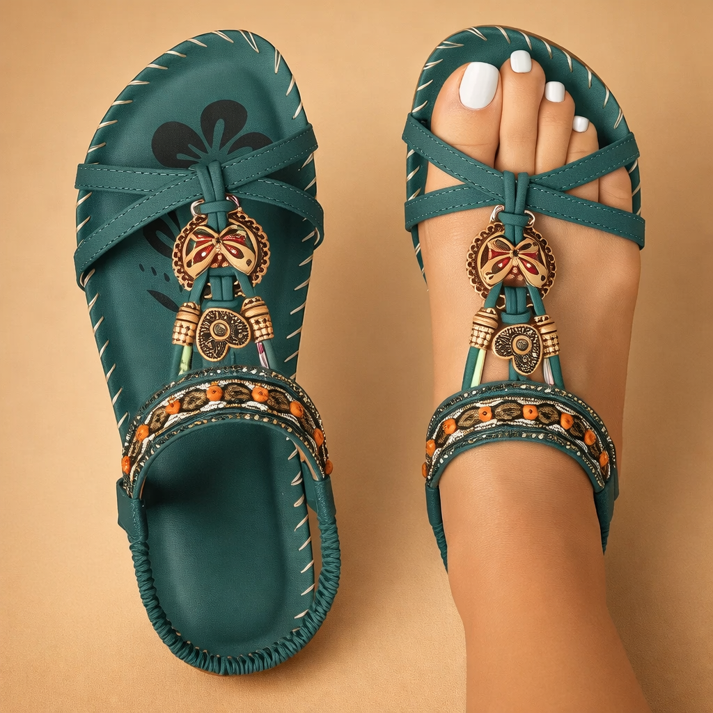 Damskie eleganckie sandały płaskie boho, idealne na lato. Wygodne i modne obuwie damskie.