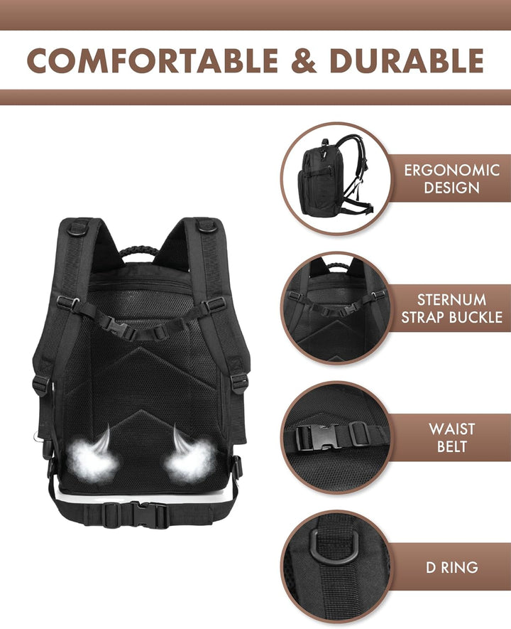 Wytrzymały plecak outdoorowy 35L z systemem Molle, czarny, z komorą na laptopa.