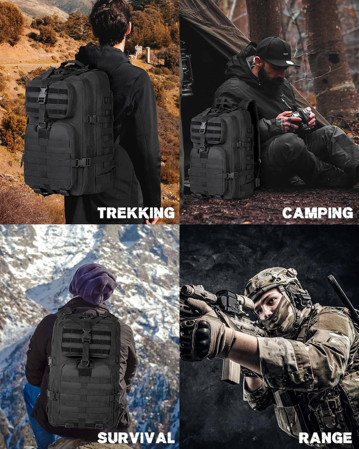 Plecak outdoorowy 35L, czarny, z systemem Molle i komorą na laptopa, dla podróżników.