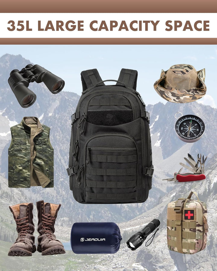 Taktyczny plecak 35L z Molle, czarny, na laptopa, idealny do aktywności outdoor.