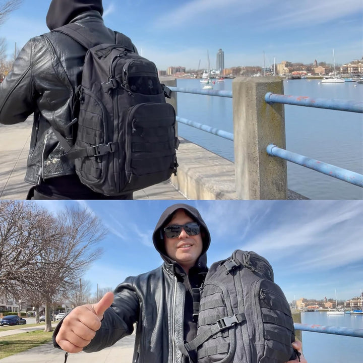 Solidny plecak 35L turystyczny, Molle, czarny, z miejscem na laptopa, do trekkingu.