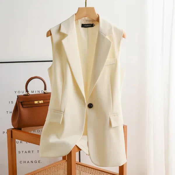 Klasyczny bezrękawnik damski z kołnierzem, perfekcyjny do biura. Elegancka kamizelka biznesowa.