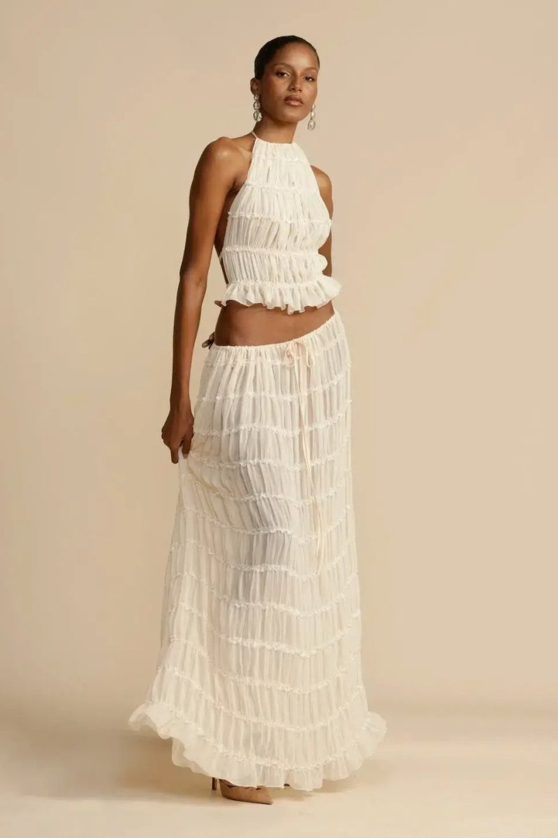 Damski komplet Lorena: top na ramiączkach i zwiewna spódnica maxi. Stwórz elegancki look na upalne dni.