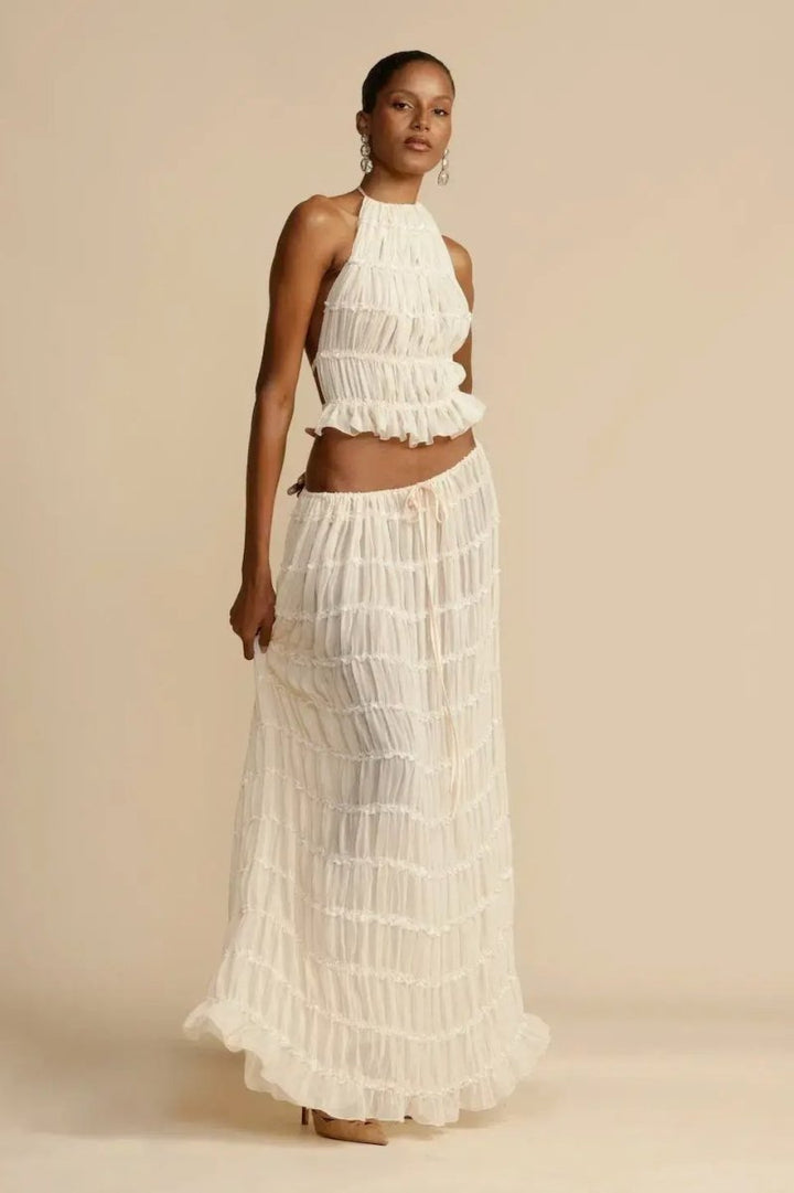 Damski komplet Lorena: top na ramiączkach i zwiewna spódnica maxi. Stwórz elegancki look na upalne dni.