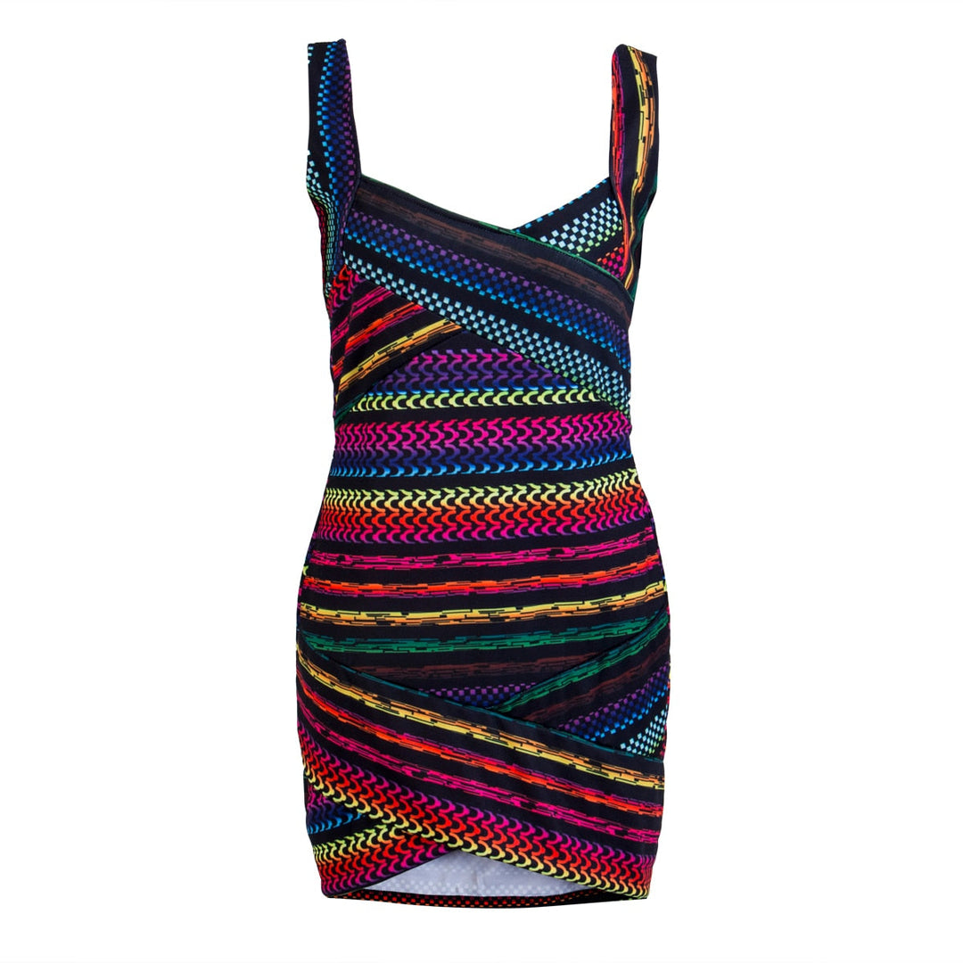 Stylowa mini sukienka bodycon, letnia, w paski, z dekoltem U, elegancka.