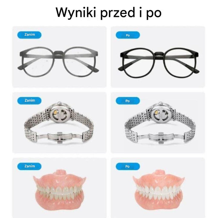 Myjka ultradźwiękowa 600ml z okularami i pierścionkami w środku, gotowa do czyszczenia ultradźwiękami.