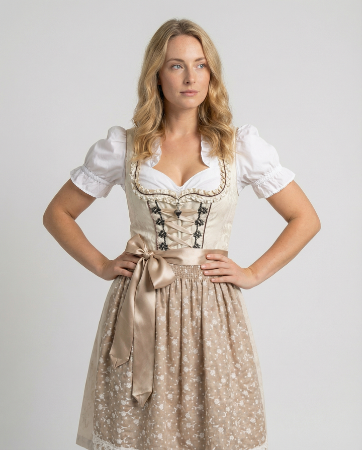 Tradycyjny komplet damski Dirndl: beżowa sukienka, biała bluzka z falbankami, ozdobny fartuszek. Styl bawarski.