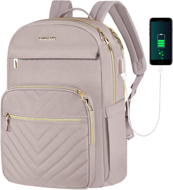 Stylowy lekki plecak damski, wodoodporny, na laptopa 15,6". Zintegrowany port USB dla wygody.