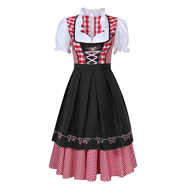 Elegancka zielono-czarna sukienka dirndl damska z fartuszkiem, bawarski strój ludowy w kratkę.