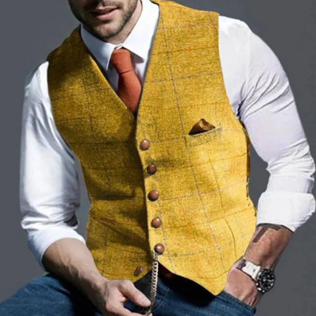 Klasyczna kamizelka męska retro z guzikami, doskonała do casualowych i formalnych stylizacji męskich.