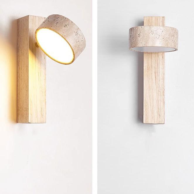 Designerska lampa ścienna LED z trawertynu i drewna, ciepłe światło do salonu, sypialni lub korytarza.