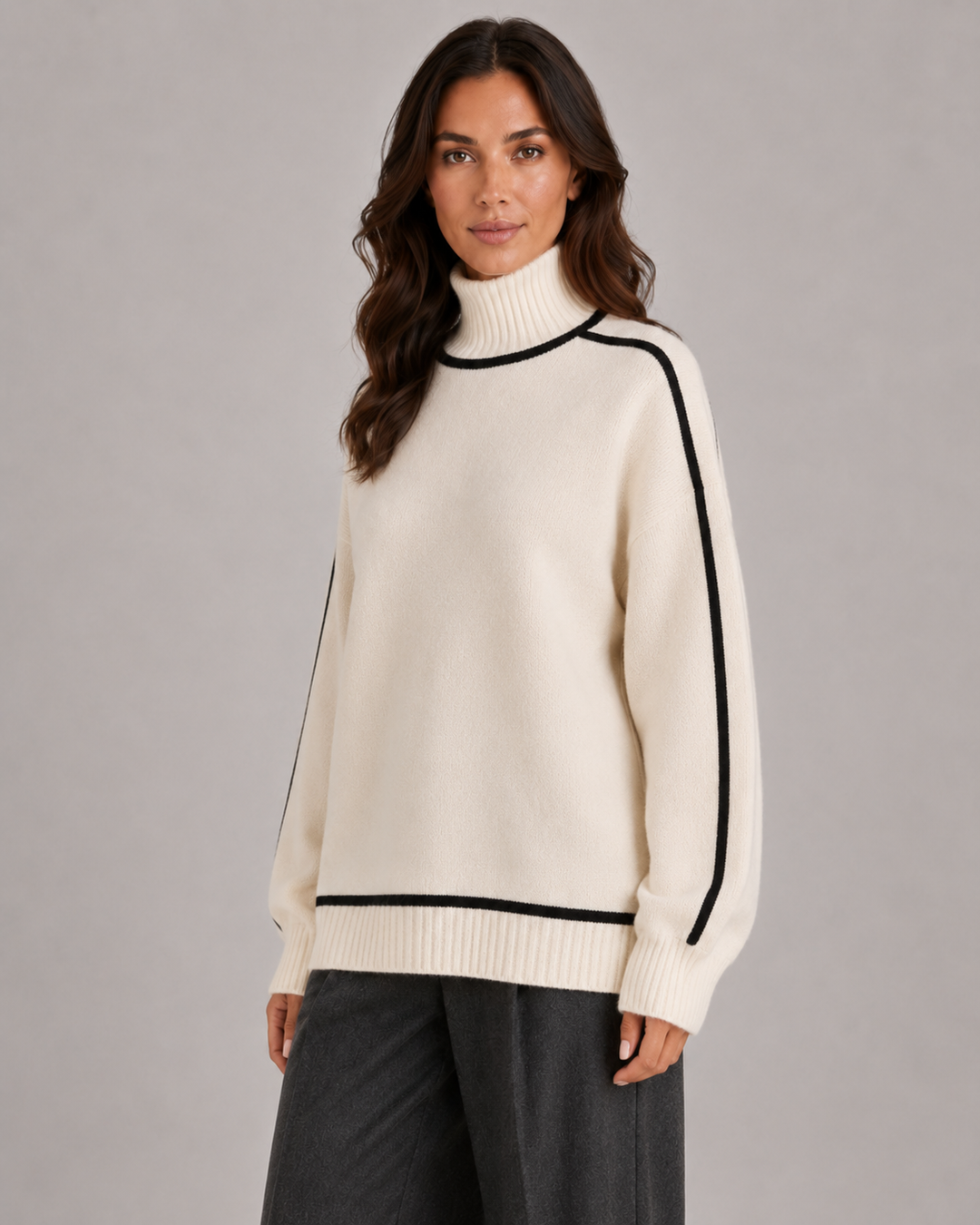 Modny casualowy sweter damski oversize z golfem, dzianinowy, na chłodne jesienne i zimowe dni.