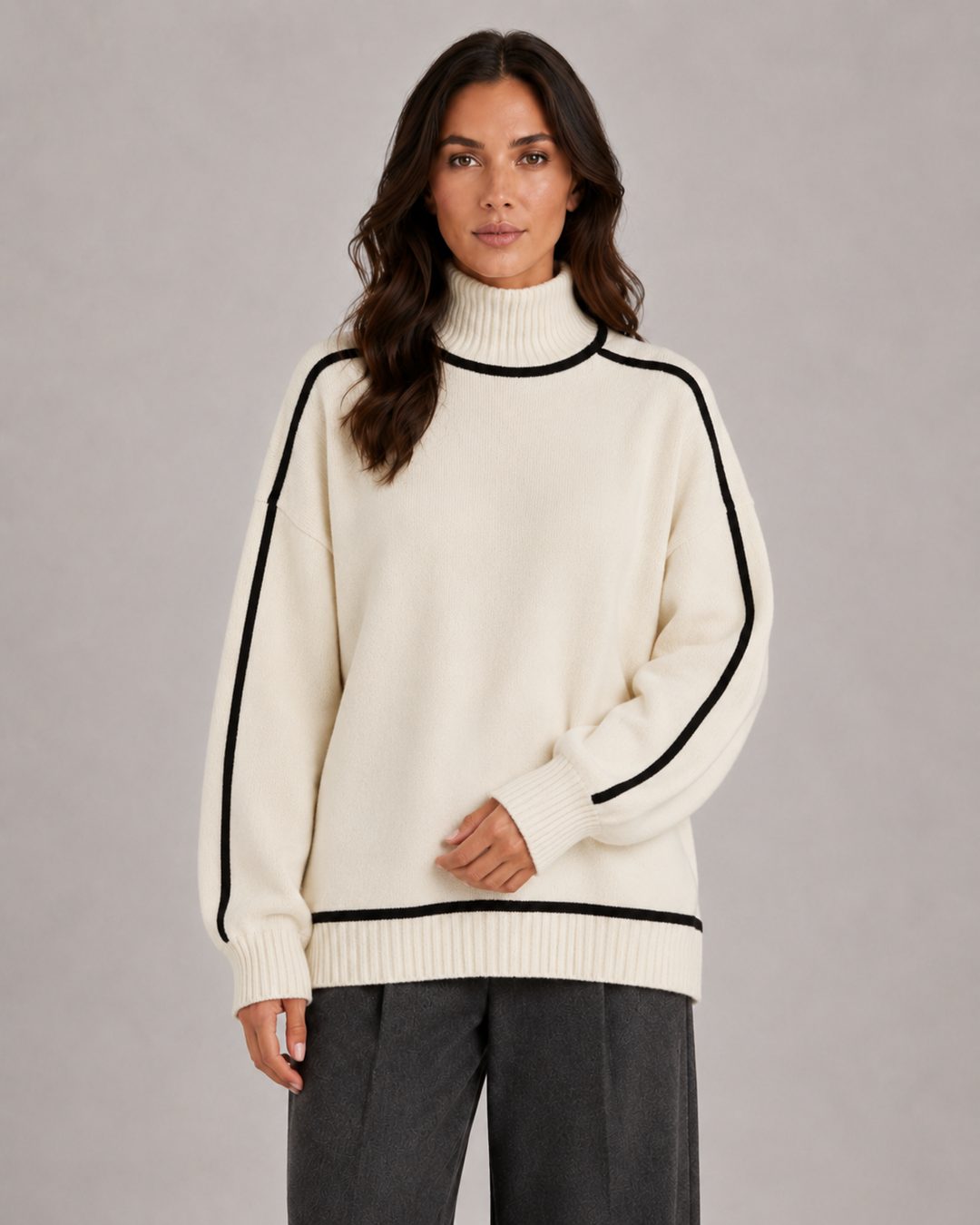 Stylowy sweter damski oversize z golfem, dzianinowy, modny element zimowej garderoby, komfortowy.